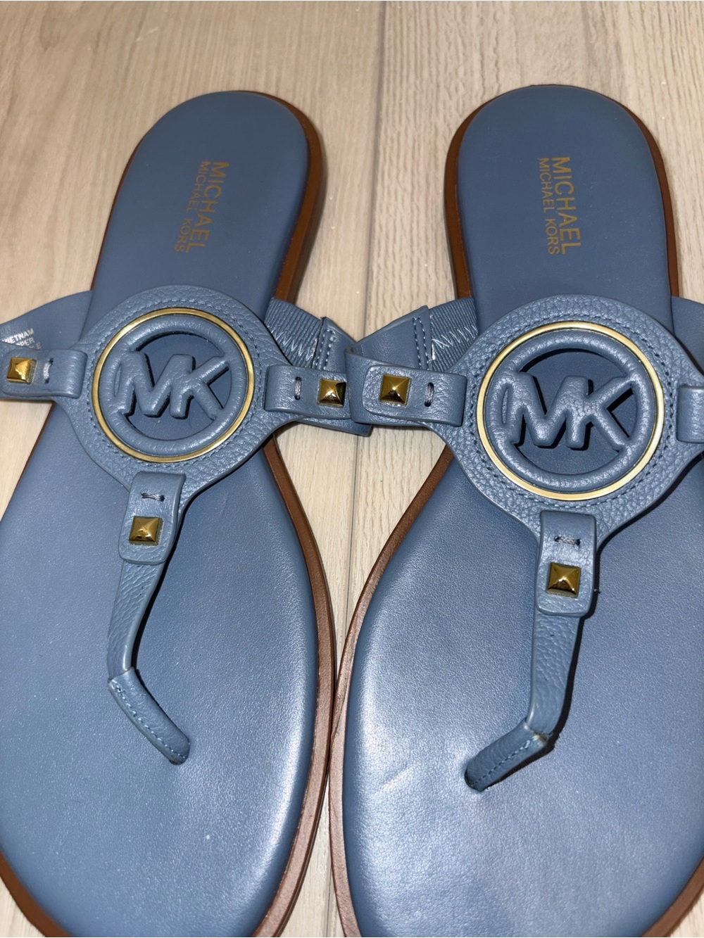 Michael Kors Blue Logo Thong Sandals with Gold Accents - Picture 3 of 4